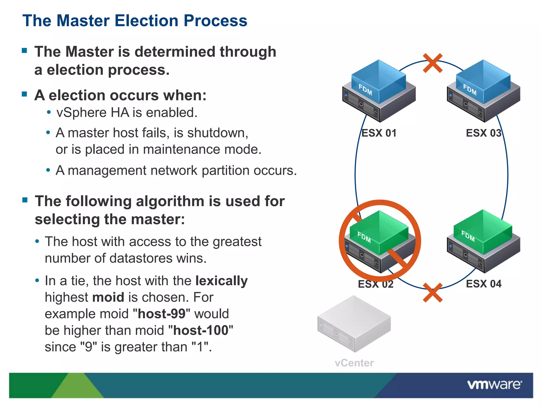 The Master Election Process
 The Master is determined through
 a election process.
 A election occurs when:
   • vSphere HA is enabled.
   • A master host fails, is shutdown,        ESX 01   ESX 03
    or is placed in maintenance mode.
   • A management network partition occurs.

 The following algorithm is used for
 selecting the master:
 • The host with access to the greatest
   number of datastores wins.
 • In a tie, the host with the lexically      ESX 02   ESX 04
   highest moid is chosen. For
   example moid "host-99" would
   be higher than moid "host-100"
   since "9" is greater than "1".
 