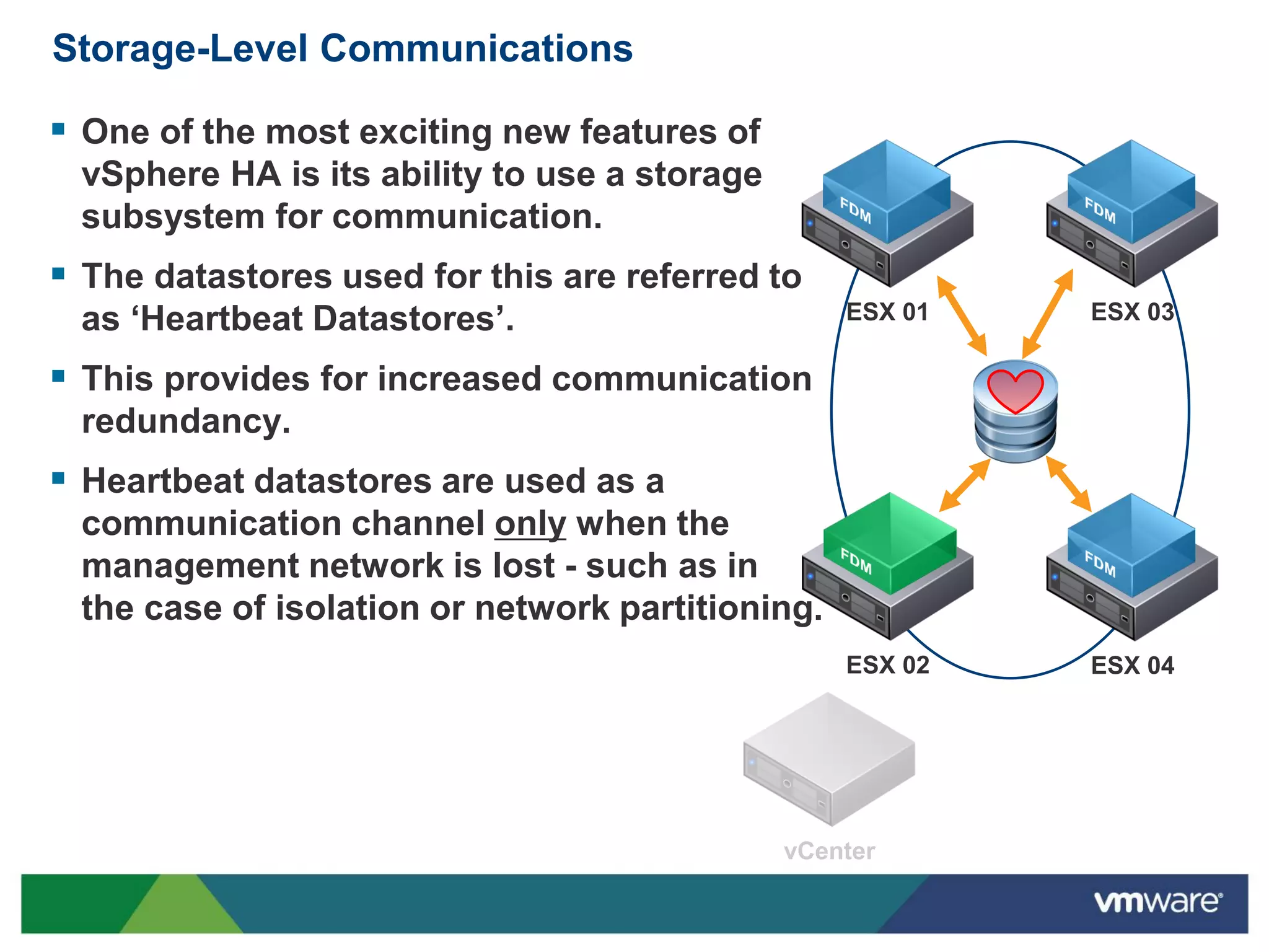 Storage-Level Communications

 One of the most exciting new features of
 vSphere HA is its ability to use a storage
 subsystem for communication.
 The datastores used for this are referred to
 as ‘Heartbeat Datastores’.                       ESX 01   ESX 03

 This provides for increased communication
 redundancy.
 Heartbeat datastores are used as a
 communication channel only when the
 management network is lost - such as in
 the case of isolation or network partitioning.
                                                  ESX 02   ESX 04
 