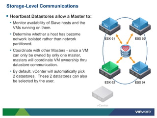 Storage-Level Communications

 Heartbeat Datastores allow a Master to:
 • Monitor availability of Slave hosts and the
   VMs running on them.
 • Determine whether a host has become
   network isolated rather than network          ESX 01   ESX 03
   partitioned.
 • Coordinate with other Masters - since a VM
   can only be owned by only one master,
   masters will coordinate VM ownership thru
   datastore communication.
 • By default, vCenter will automatically pick
   2 datastores. These 2 datastores can also
   be selected by the user.                      ESX 02   ESX 04
 