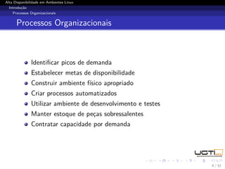 Alta Disponibilidade em Ambientes Linux
  Introdução
    Processos Organizacionais


      Processos Organizacionais



              Identiﬁcar picos de demanda
              Estabelecer metas de disponibilidade
              Construir ambiente físico apropriado
              Criar processos automatizados
              Utilizar ambiente de desenvolvimento e testes
              Manter estoque de peças sobressalentes
              Contratar capacidade por demanda




                                                              9 / 32
 