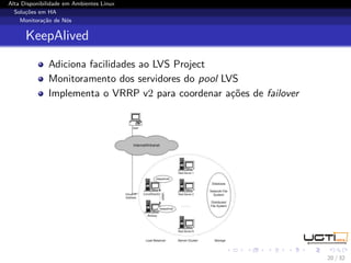 Alta Disponibilidade em Ambientes Linux
  Soluções em HA
    Monitoração de Nós


      KeepAlived
              Adiciona facilidades ao LVS Project
              Monitoramento dos servidores do pool LVS
              Implementa o VRRP v2 para coordenar ações de failover




                                                                      20 / 32
 