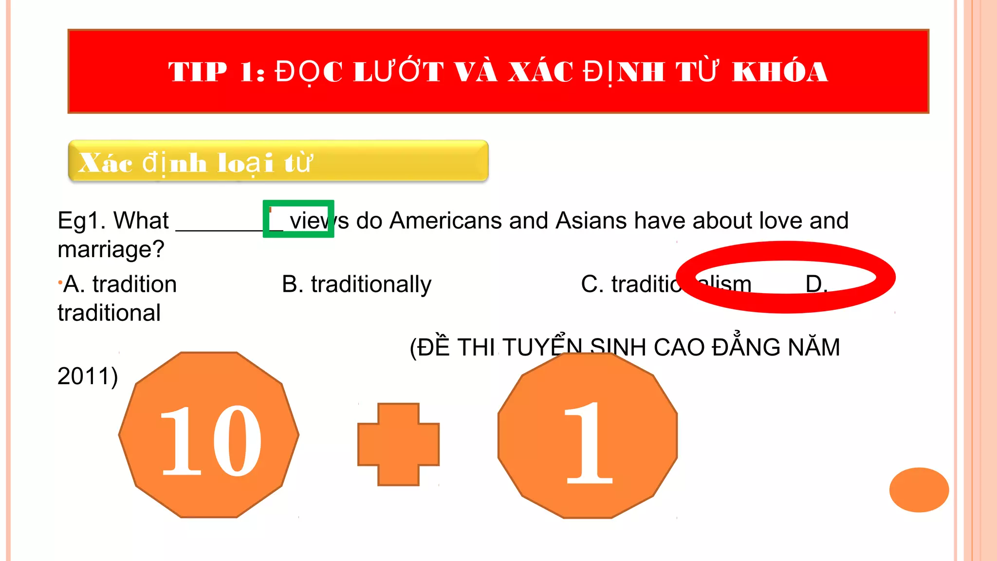 Eg1. What _________ views do Americans and Asians have about love and
marriage?
•A. tradition B. traditionally C. traditionalism D.
traditional
(ĐỀ THI TUYỂN SINH CAO ĐẲNG NĂM
2011)
TIP 1: C L T VÀ XÁC NH T KHÓAĐỌ ƯỚ ĐỊ Ừ
Xác nh lo i tđị ạ ừ
10 1
 