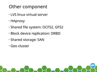 21
Other component
• LVS linux virtual server
• HAproxy
• Shared file system: OCFS2, GFS2
• Block device replication: DRBD...