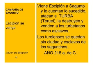 CAMPAÑA DE SAGUNTO Viene Escipión a Sagunto y le cuentan lo sucedido, atacan a  TURBA (Teruel), la destruyen y venden a los turbetanos como esclavos. Los turolenses se quedan sin ciudad y esclavos de los saguntinos. AÑO 218 a. de C. Escipión se venga ¿Quién era Escipión? 