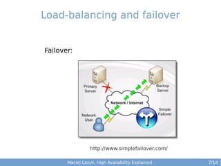 Load-balancing and failover

Failover:

http://www.simplefailover.com/
Maciej Lasyk, High Availability Explained

7/14

 
