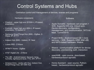 Cloud Services
If this then that (a.k.a IFTTT) - the super glue of IoT world
Logitech Harmony Home - controlling your media
Oracle Cloud - analyze your big data
Amazon Alexa - voice of the IoT
AWS IoT - are you an Amazon fan? AWS Lambda functions, Amazon S3,
Amazon Kinesis, Amazon DynamoDB, Amazon Machine Learning, Amazon
QuickSight.
Xively - IoT platform as a service
many more are available from Microsoft, IBM, and others
 