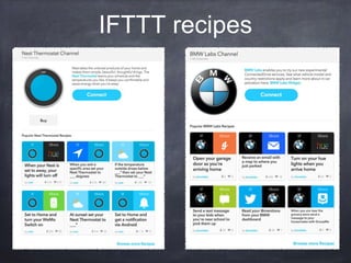 Security Concerns
Overall security focus in recent years was lacking, but is improving as media
brings attention to issues.
No industry-wide standards/blueprints for securing IoT devices.
Too many devices to efficiently patch manually. Firmware upgrades must be
automated.
Many devices are not field upgradeable.
Web cams - ship without protecting remote access - Shodan.io can see you
now!
Insecure door locks (or lock’s mobile app)- could allow unauthorized entry
Even with best security practices in place there are indirect ways to collect
sensitive info :(
 