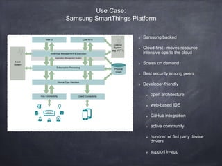 Use Case:
AWS IoT Platform
Cert auth between “thing” and
“cloud”
TLS 1.2 enforced
Communicates with devices via
MQTT and HTTP 1.1 - Pub/Sub
SDKs for most common
languages
Prototype kits available
Tight integration with other
Amazon services
Scales on demand (Amazon
Lambda functions)
Device shadows - persistent
device state during intermittent
connections
 