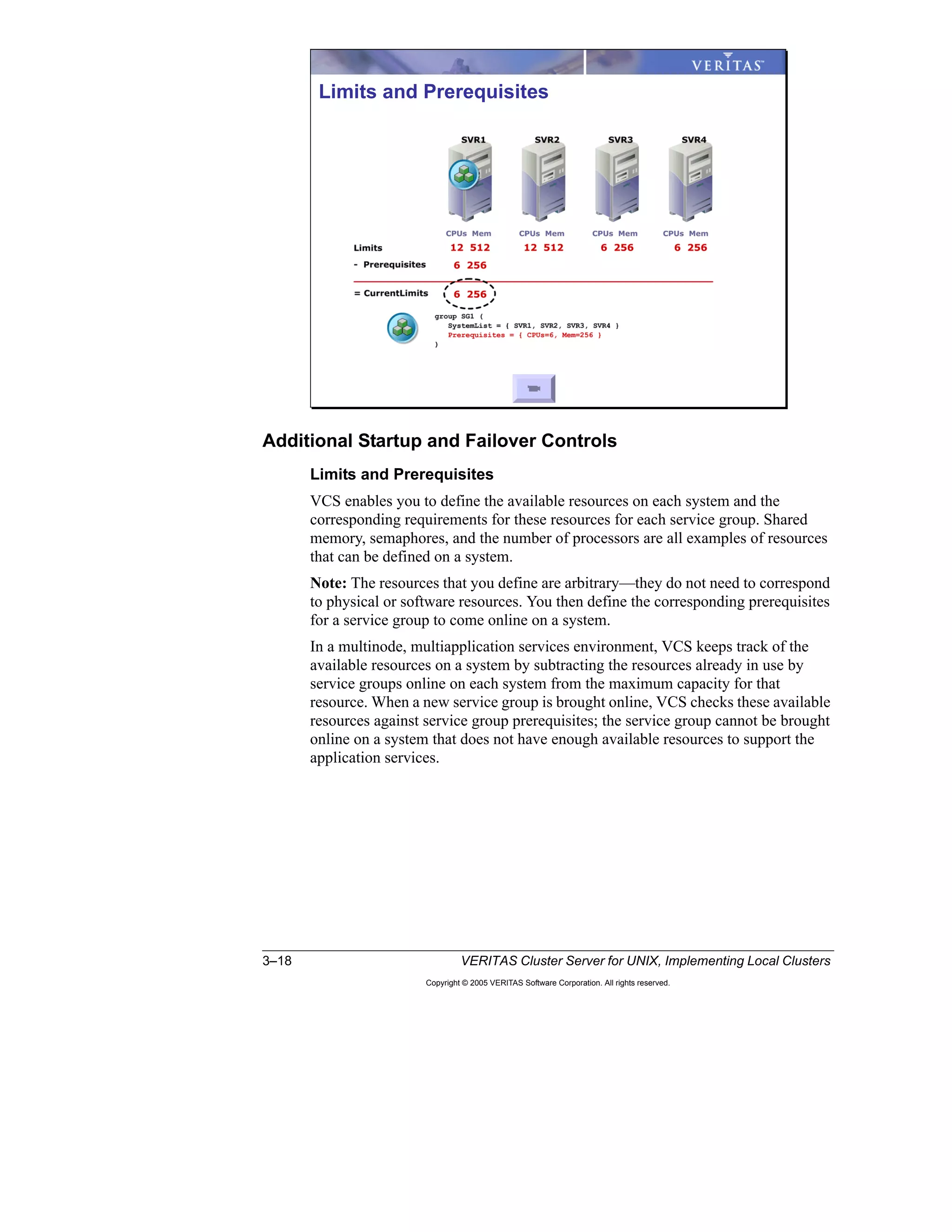 3–18 VERITAS Cluster Server for UNIX, Implementing Local Clusters
Copyright © 2005 VERITAS Software Corporation. All rights reserved.
Additional Startup and Failover Controls
Limits and Prerequisites
VCS enables you to define the available resources on each system and the
corresponding requirements for these resources for each service group. Shared
memory, semaphores, and the number of processors are all examples of resources
that can be defined on a system.
Note: The resources that you define are arbitrary—they do not need to correspond
to physical or software resources. You then define the corresponding prerequisites
for a service group to come online on a system.
In a multinode, multiapplication services environment, VCS keeps track of the
available resources on a system by subtracting the resources already in use by
service groups online on each system from the maximum capacity for that
resource. When a new service group is brought online, VCS checks these available
resources against service group prerequisites; the service group cannot be brought
online on a system that does not have enough available resources to support the
application services.
Limits and Prerequisites
 