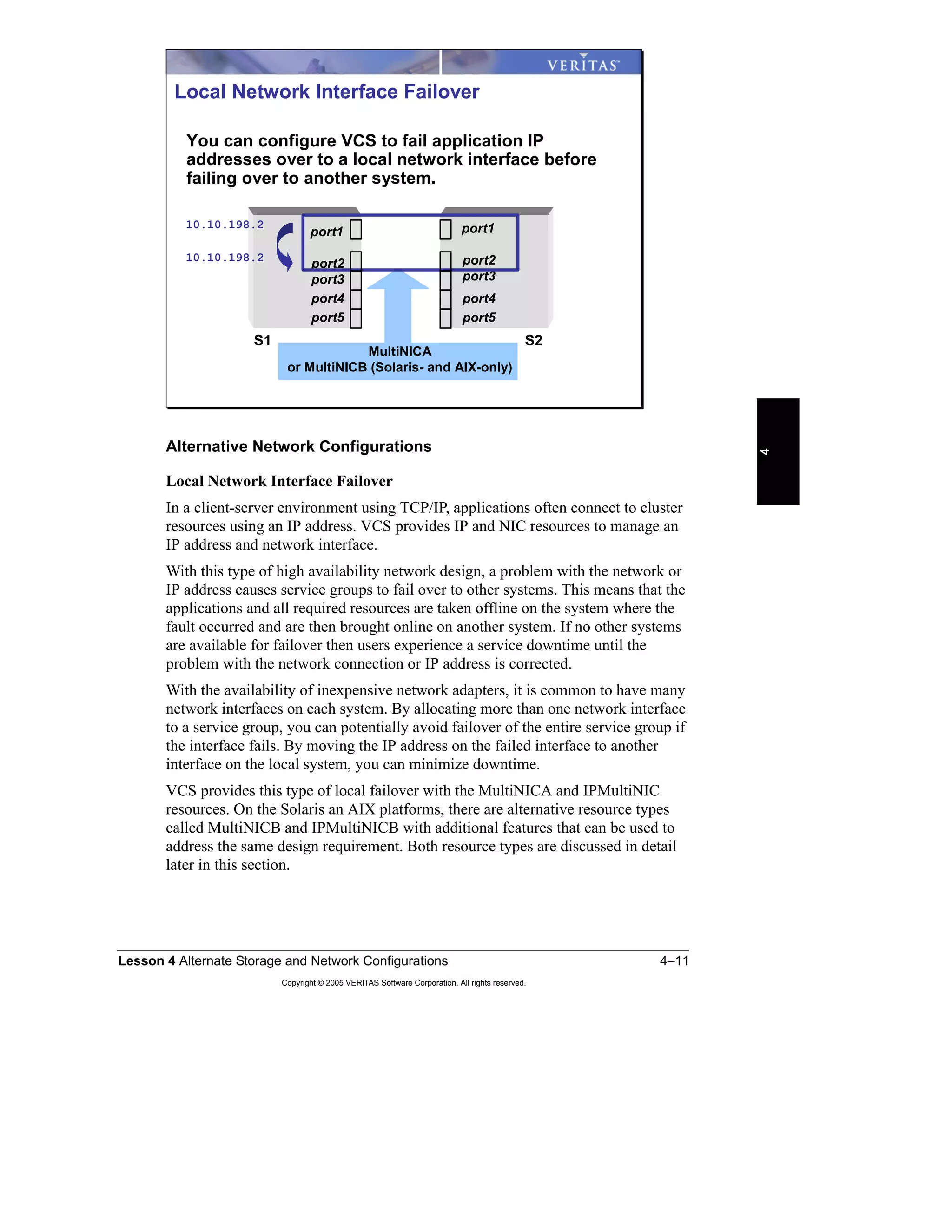 Lesson 4 Alternate Storage and Network Configurations 4–11
Copyright © 2005 VERITAS Software Corporation. All rights reserved.
4
Alternative Network Configurations
Local Network Interface Failover
In a client-server environment using TCP/IP, applications often connect to cluster
resources using an IP address. VCS provides IP and NIC resources to manage an
IP address and network interface.
With this type of high availability network design, a problem with the network or
IP address causes service groups to fail over to other systems. This means that the
applications and all required resources are taken offline on the system where the
fault occurred and are then brought online on another system. If no other systems
are available for failover then users experience a service downtime until the
problem with the network connection or IP address is corrected.
With the availability of inexpensive network adapters, it is common to have many
network interfaces on each system. By allocating more than one network interface
to a service group, you can potentially avoid failover of the entire service group if
the interface fails. By moving the IP address on the failed interface to another
interface on the local system, you can minimize downtime.
VCS provides this type of local failover with the MultiNICA and IPMultiNIC
resources. On the Solaris an AIX platforms, there are alternative resource types
called MultiNICB and IPMultiNICB with additional features that can be used to
address the same design requirement. Both resource types are discussed in detail
later in this section.
Local Network Interface Failover
You can configure VCS to fail application IP
addresses over to a local network interface before
failing over to another system.
port1
port2
port5
port4
port3
S1
port1
port2
port5
port4
port3
S2
MultiNICA
or MultiNICB (Solaris- and AIX-only)
10.10.198.2
10.10.198.2
 