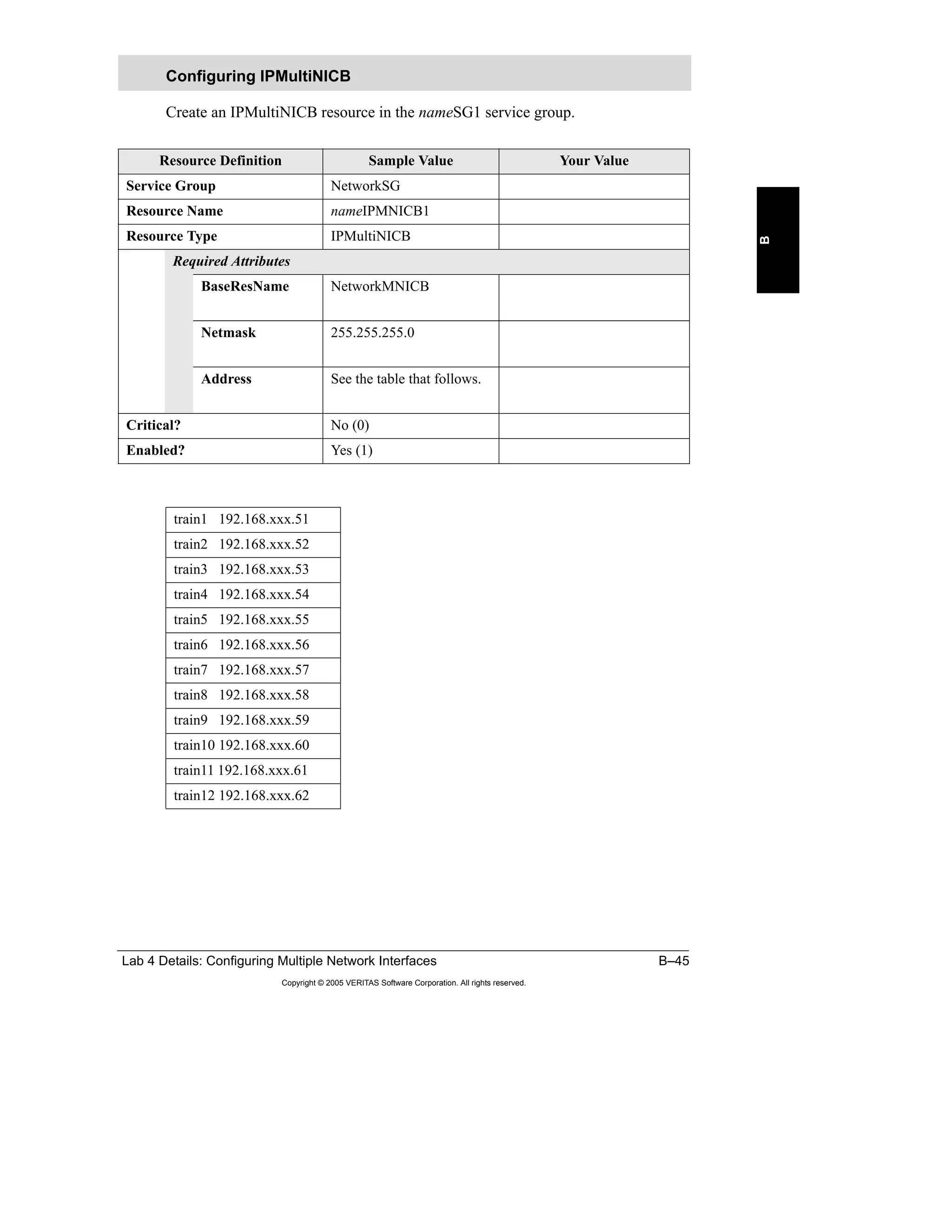 Lab 4 Details: Configuring Multiple Network Interfaces B–45
Copyright © 2005 VERITAS Software Corporation. All rights reserved.
B
Create an IPMultiNICB resource in the nameSG1 service group.
Configuring IPMultiNICB
Resource Definition Sample Value Your Value
Service Group NetworkSG
Resource Name nameIPMNICB1
Resource Type IPMultiNICB
Required Attributes
BaseResName NetworkMNICB
Netmask 255.255.255.0
Address See the table that follows.
Critical? No (0)
Enabled? Yes (1)
train1 192.168.xxx.51
train2 192.168.xxx.52
train3 192.168.xxx.53
train4 192.168.xxx.54
train5 192.168.xxx.55
train6 192.168.xxx.56
train7 192.168.xxx.57
train8 192.168.xxx.58
train9 192.168.xxx.59
train10 192.168.xxx.60
train11 192.168.xxx.61
train12 192.168.xxx.62
 