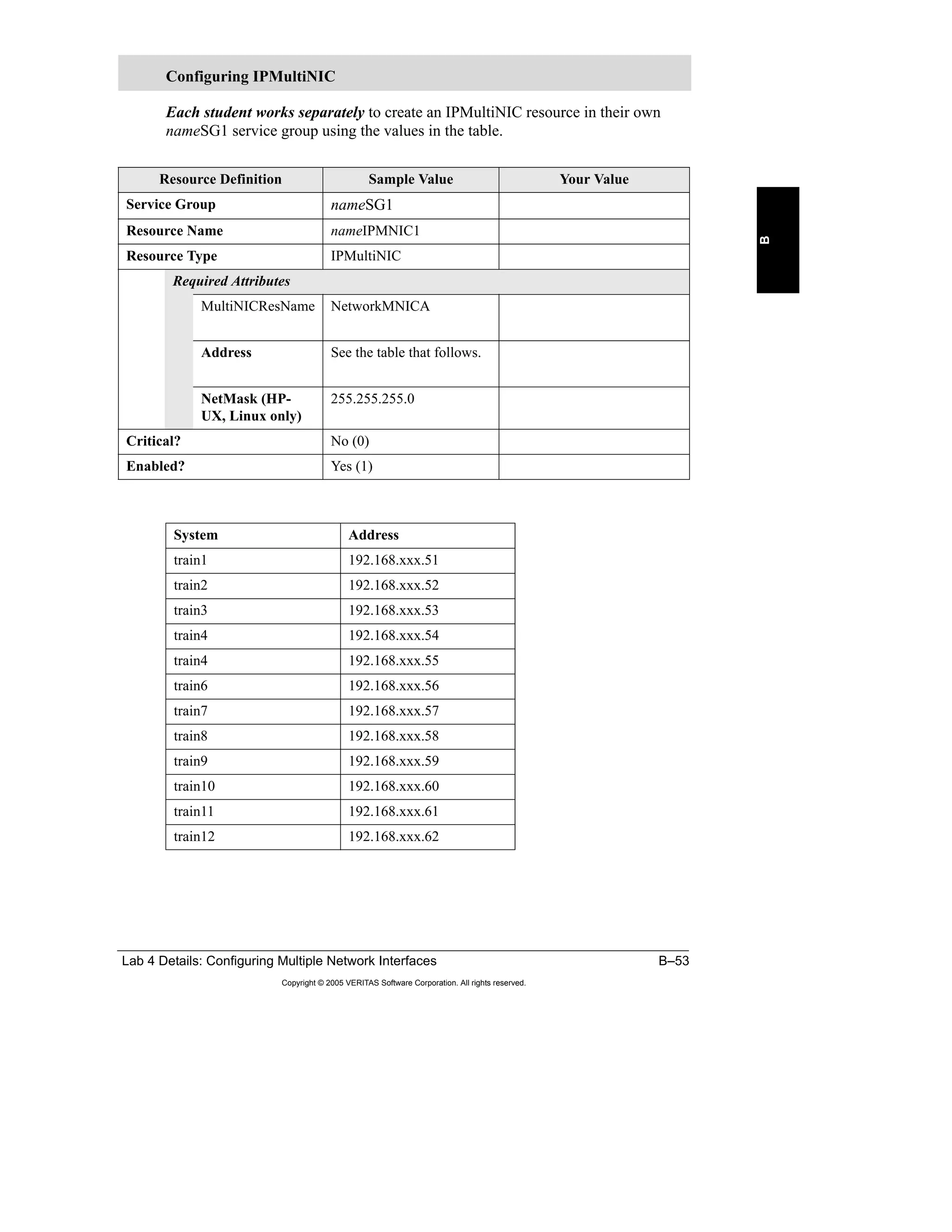 Lab 4 Details: Configuring Multiple Network Interfaces B–53
Copyright © 2005 VERITAS Software Corporation. All rights reserved.
B
Each student works separately to create an IPMultiNIC resource in their own
nameSG1 service group using the values in the table.
Configuring IPMultiNIC
Resource Definition Sample Value Your Value
Service Group nameSG1
Resource Name nameIPMNIC1
Resource Type IPMultiNIC
Required Attributes
MultiNICResName NetworkMNICA
Address See the table that follows.
NetMask (HP-
UX, Linux only)
255.255.255.0
Critical? No (0)
Enabled? Yes (1)
System Address
train1 192.168.xxx.51
train2 192.168.xxx.52
train3 192.168.xxx.53
train4 192.168.xxx.54
train4 192.168.xxx.55
train6 192.168.xxx.56
train7 192.168.xxx.57
train8 192.168.xxx.58
train9 192.168.xxx.59
train10 192.168.xxx.60
train11 192.168.xxx.61
train12 192.168.xxx.62
 
