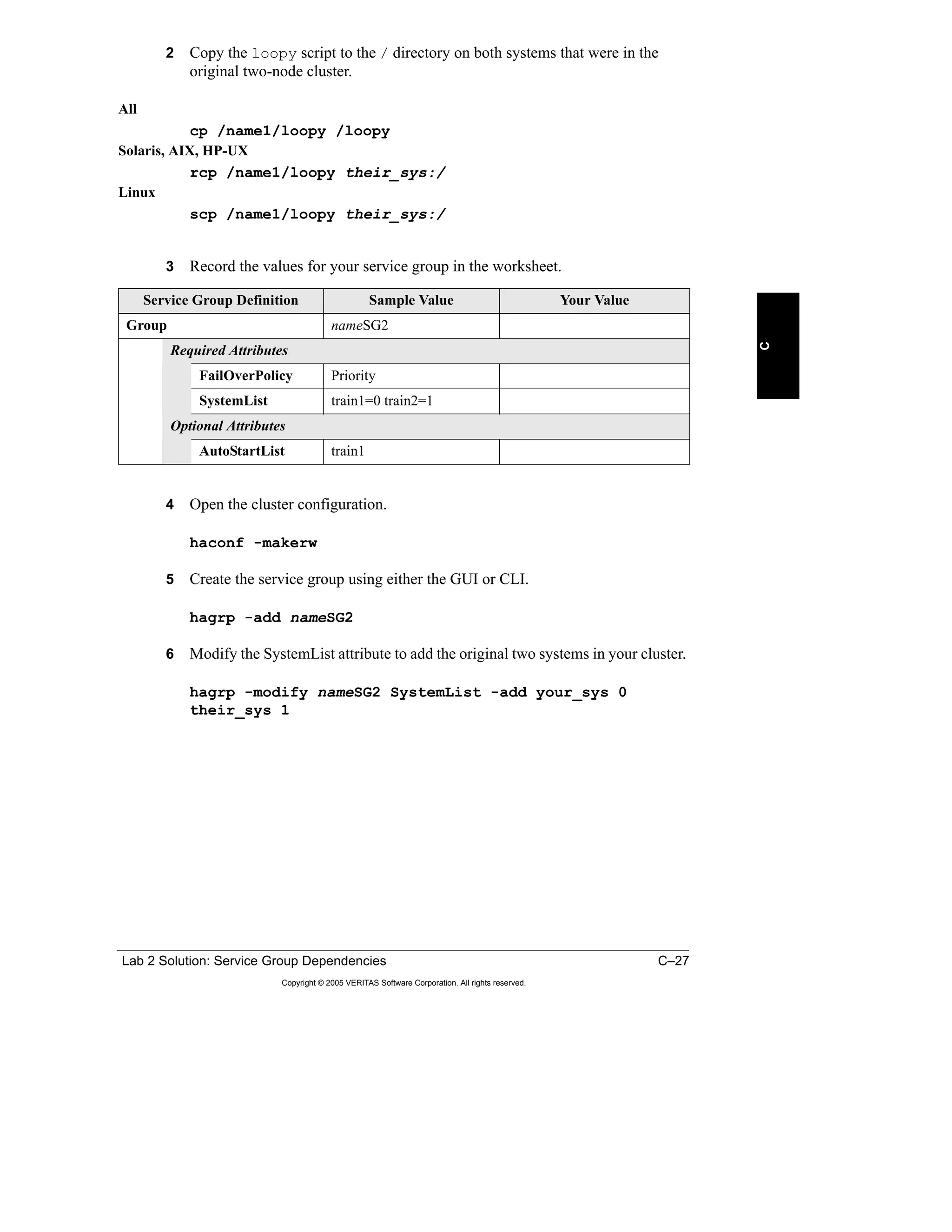 Lab 2 Solution: Service Group Dependencies C–27
Copyright © 2005 VERITAS Software Corporation. All rights reserved.
C
2 Copy the loopy script to the / directory on both systems that were in the
original two-node cluster.
All
cp /name1/loopy /loopy
Solaris, AIX, HP-UX
rcp /name1/loopy their_sys:/
Linux
scp /name1/loopy their_sys:/
3 Record the values for your service group in the worksheet.
4 Open the cluster configuration.
haconf -makerw
5 Create the service group using either the GUI or CLI.
hagrp -add nameSG2
6 Modify the SystemList attribute to add the original two systems in your cluster.
hagrp -modify nameSG2 SystemList -add your_sys 0
their_sys 1
Service Group Definition Sample Value Your Value
Group nameSG2
Required Attributes
FailOverPolicy Priority
SystemList train1=0 train2=1
Optional Attributes
AutoStartList train1
 