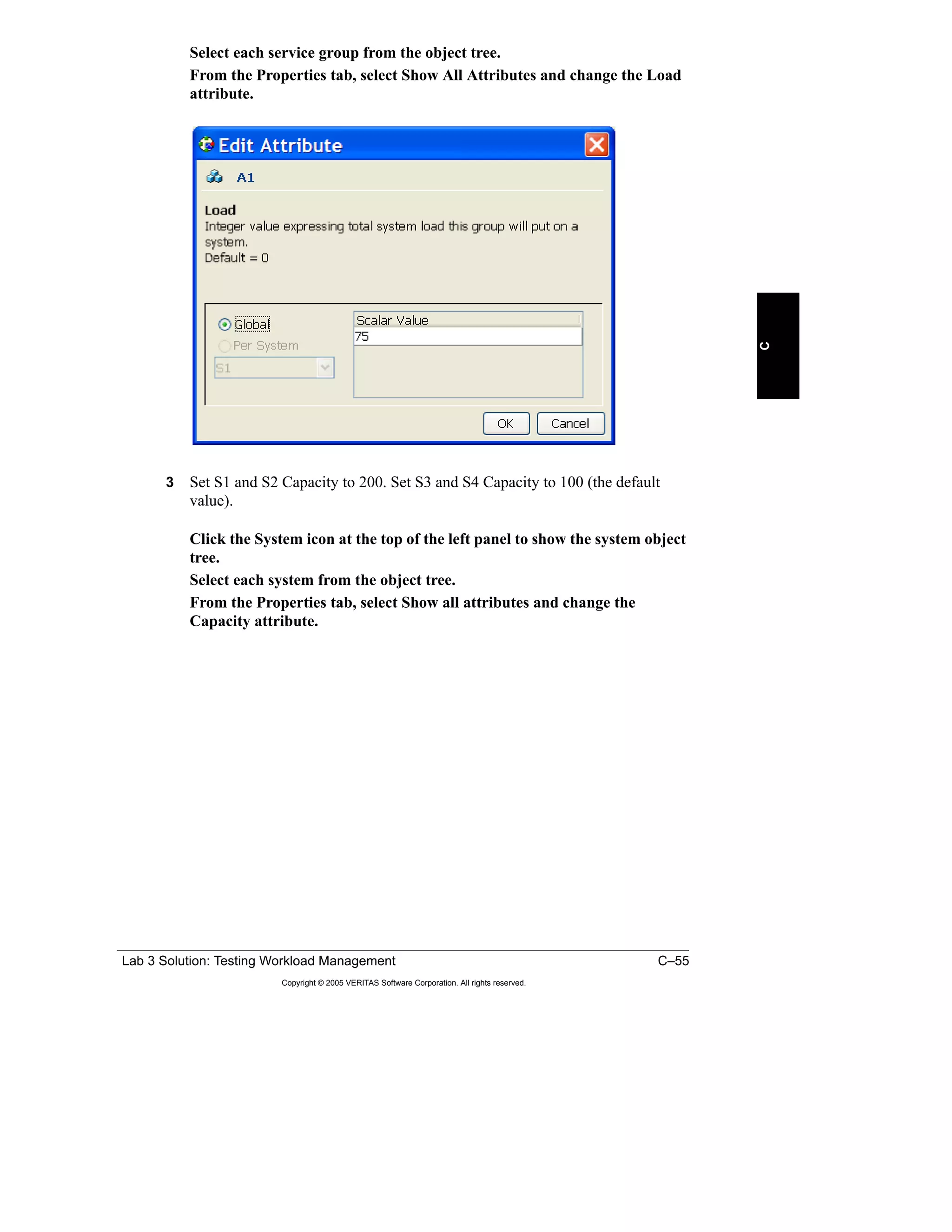 Lab 3 Solution: Testing Workload Management C–55
Copyright © 2005 VERITAS Software Corporation. All rights reserved.
C
Select each service group from the object tree.
From the Properties tab, select Show All Attributes and change the Load
attribute.
3 Set S1 and S2 Capacity to 200. Set S3 and S4 Capacity to 100 (the default
value).
Click the System icon at the top of the left panel to show the system object
tree.
Select each system from the object tree.
From the Properties tab, select Show all attributes and change the
Capacity attribute.
 