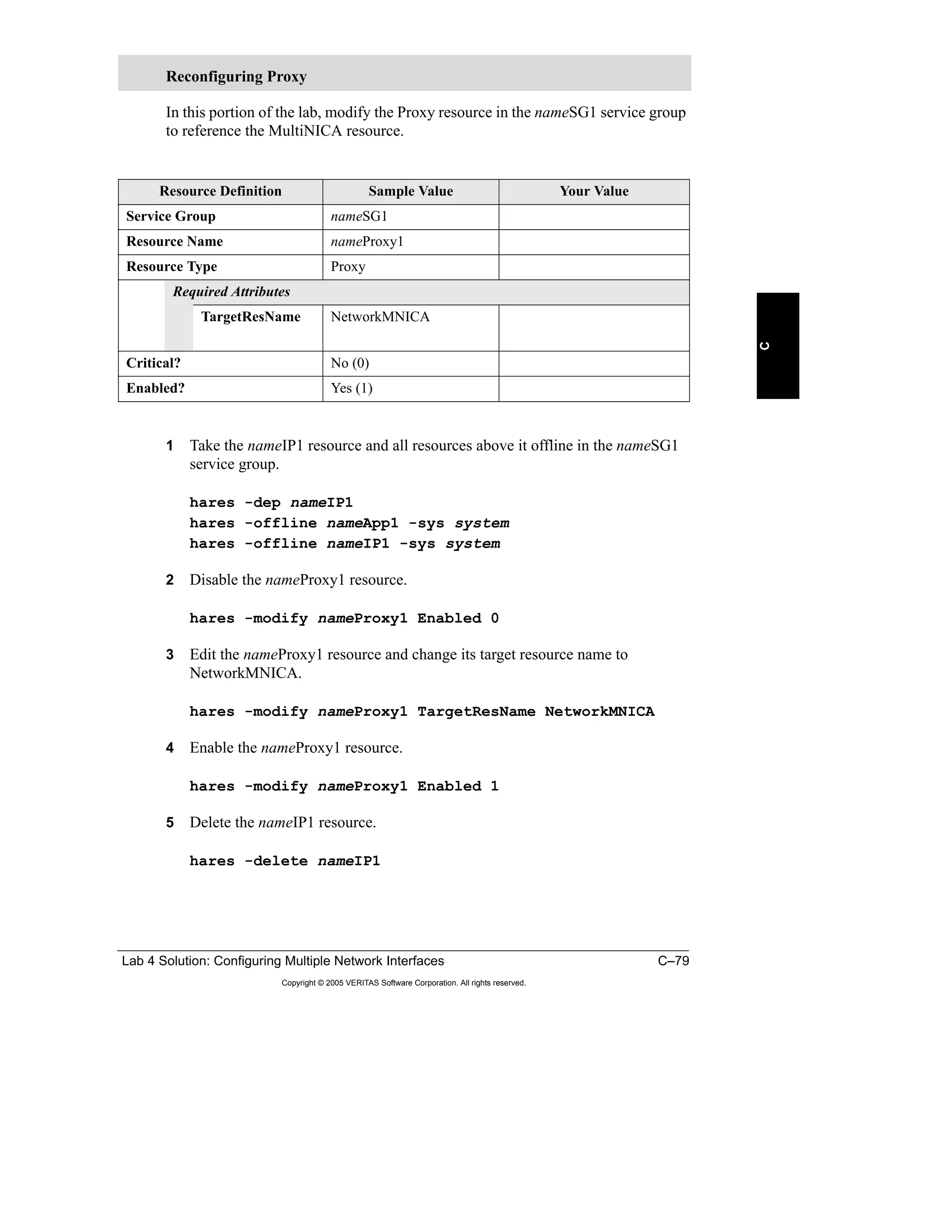 Lab 4 Solution: Configuring Multiple Network Interfaces C–79
Copyright © 2005 VERITAS Software Corporation. All rights reserved.
C
In this portion of the lab, modify the Proxy resource in the nameSG1 service group
to reference the MultiNICA resource.
1 Take the nameIP1 resource and all resources above it offline in the nameSG1
service group.
hares -dep nameIP1
hares -offline nameApp1 -sys system
hares -offline nameIP1 -sys system
2 Disable the nameProxy1 resource.
hares -modify nameProxy1 Enabled 0
3 Edit the nameProxy1 resource and change its target resource name to
NetworkMNICA.
hares -modify nameProxy1 TargetResName NetworkMNICA
4 Enable the nameProxy1 resource.
hares -modify nameProxy1 Enabled 1
5 Delete the nameIP1 resource.
hares -delete nameIP1
Reconfiguring Proxy
Resource Definition Sample Value Your Value
Service Group nameSG1
Resource Name nameProxy1
Resource Type Proxy
Required Attributes
TargetResName NetworkMNICA
Critical? No (0)
Enabled? Yes (1)
 