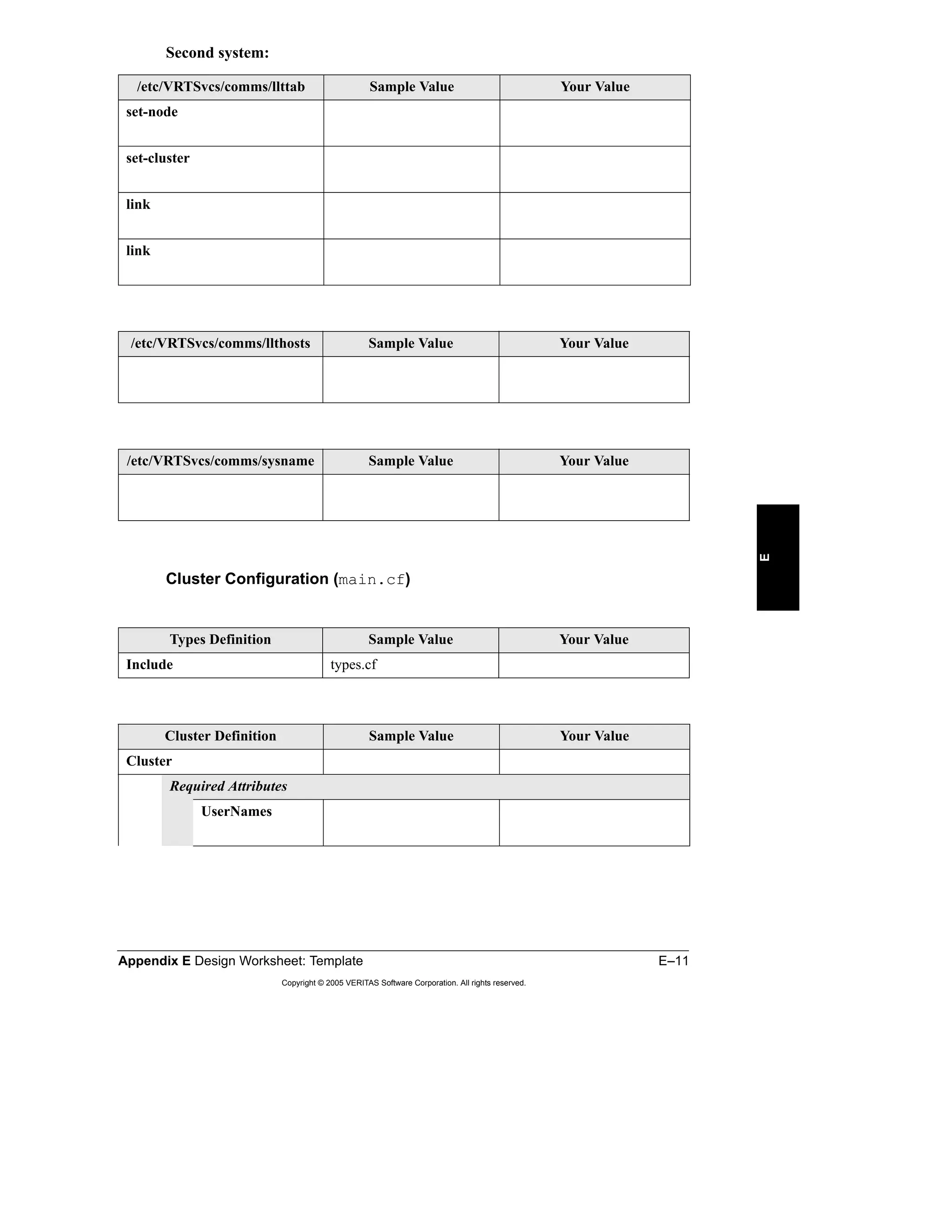 Appendix E Design Worksheet: Template E–11
Copyright © 2005 VERITAS Software Corporation. All rights reserved.
E
Second system:
Cluster Configuration (main.cf)
/etc/VRTSvcs/comms/llttab Sample Value Your Value
set-node
set-cluster
link
link
/etc/VRTSvcs/comms/llthosts Sample Value Your Value
/etc/VRTSvcs/comms/sysname Sample Value Your Value
Types Definition Sample Value Your Value
Include types.cf
Cluster Definition Sample Value Your Value
Cluster
Required Attributes
UserNames
 