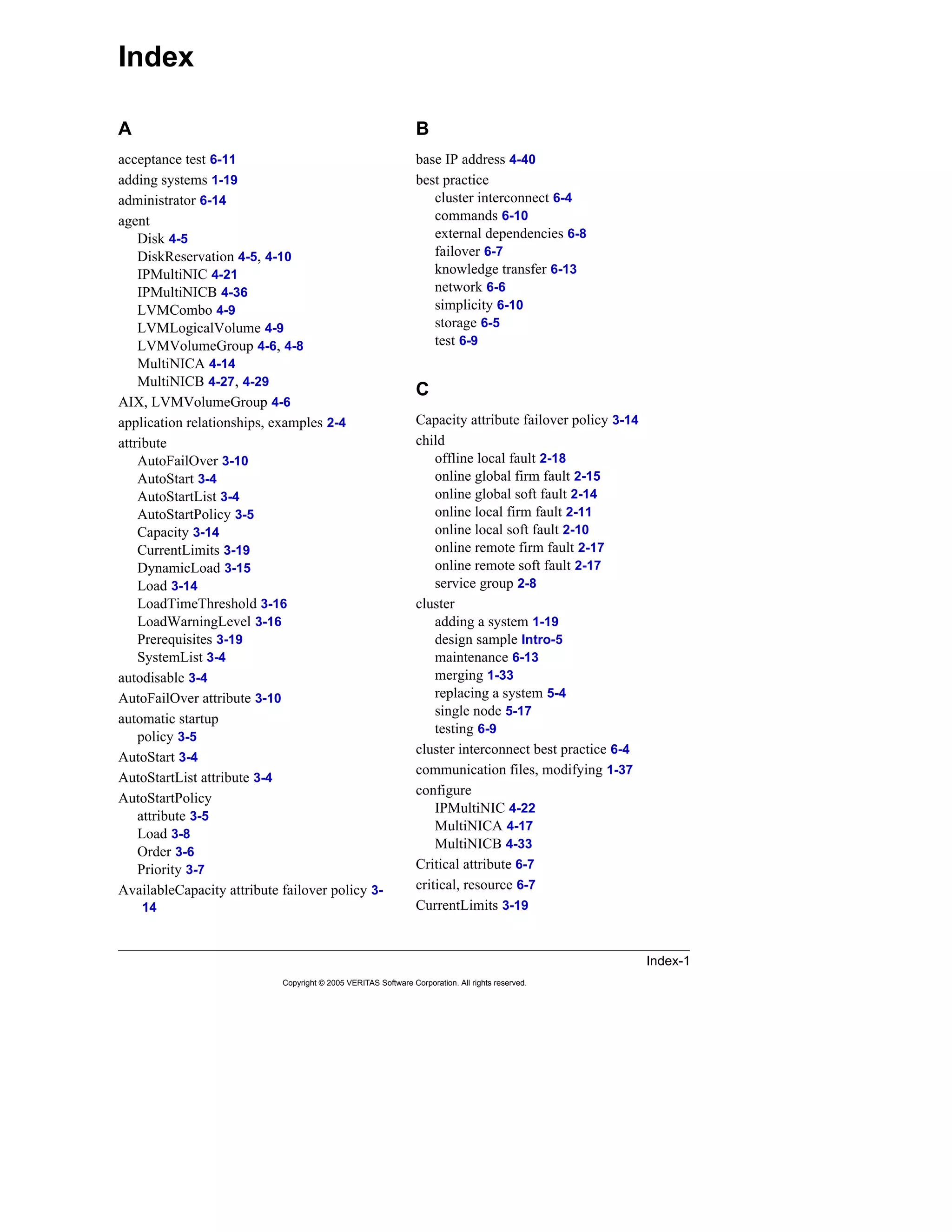 Index-1
Copyright © 2005 VERITAS Software Corporation. All rights reserved.
A
acceptance test 6-11
adding systems 1-19
administrator 6-14
agent
Disk 4-5
DiskReservation 4-5, 4-10
IPMultiNIC 4-21
IPMultiNICB 4-36
LVMCombo 4-9
LVMLogicalVolume 4-9
LVMVolumeGroup 4-6, 4-8
MultiNICA 4-14
MultiNICB 4-27, 4-29
AIX, LVMVolumeGroup 4-6
application relationships, examples 2-4
attribute
AutoFailOver 3-10
AutoStart 3-4
AutoStartList 3-4
AutoStartPolicy 3-5
Capacity 3-14
CurrentLimits 3-19
DynamicLoad 3-15
Load 3-14
LoadTimeThreshold 3-16
LoadWarningLevel 3-16
Prerequisites 3-19
SystemList 3-4
autodisable 3-4
AutoFailOver attribute 3-10
automatic startup
policy 3-5
AutoStart 3-4
AutoStartList attribute 3-4
AutoStartPolicy
attribute 3-5
Load 3-8
Order 3-6
Priority 3-7
AvailableCapacity attribute failover policy 3-
14
B
base IP address 4-40
best practice
cluster interconnect 6-4
commands 6-10
external dependencies 6-8
failover 6-7
knowledge transfer 6-13
network 6-6
simplicity 6-10
storage 6-5
test 6-9
C
Capacity attribute failover policy 3-14
child
offline local fault 2-18
online global firm fault 2-15
online global soft fault 2-14
online local firm fault 2-11
online local soft fault 2-10
online remote firm fault 2-17
online remote soft fault 2-17
service group 2-8
cluster
adding a system 1-19
design sample Intro-5
maintenance 6-13
merging 1-33
replacing a system 5-4
single node 5-17
testing 6-9
cluster interconnect best practice 6-4
communication files, modifying 1-37
configure
IPMultiNIC 4-22
MultiNICA 4-17
MultiNICB 4-33
Critical attribute 6-7
critical, resource 6-7
CurrentLimits 3-19
Index
 