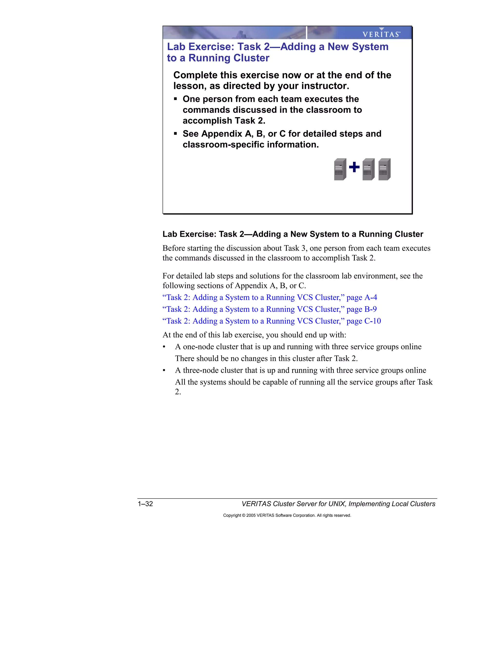 1–32 VERITAS Cluster Server for UNIX, Implementing Local Clusters
Copyright © 2005 VERITAS Software Corporation. All rights reserved.
Lab Exercise: Task 2—Adding a New System to a Running Cluster
Before starting the discussion about Task 3, one person from each team executes
the commands discussed in the classroom to accomplish Task 2.
For detailed lab steps and solutions for the classroom lab environment, see the
following sections of Appendix A, B, or C.
“Task 2: Adding a System to a Running VCS Cluster,” page A-4
“Task 2: Adding a System to a Running VCS Cluster,” page B-9
“Task 2: Adding a System to a Running VCS Cluster,” page C-10
At the end of this lab exercise, you should end up with:
• A one-node cluster that is up and running with three service groups online
There should be no changes in this cluster after Task 2.
• A three-node cluster that is up and running with three service groups online
All the systems should be capable of running all the service groups after Task
2.
Lab Exercise: Task 2—Adding a New System
to a Running Cluster
Complete this exercise now or at the end of the
lesson, as directed by your instructor.
One person from each team executes the
commands discussed in the classroom to
accomplish Task 2.
See Appendix A, B, or C for detailed steps and
classroom-specific information.
+
 
