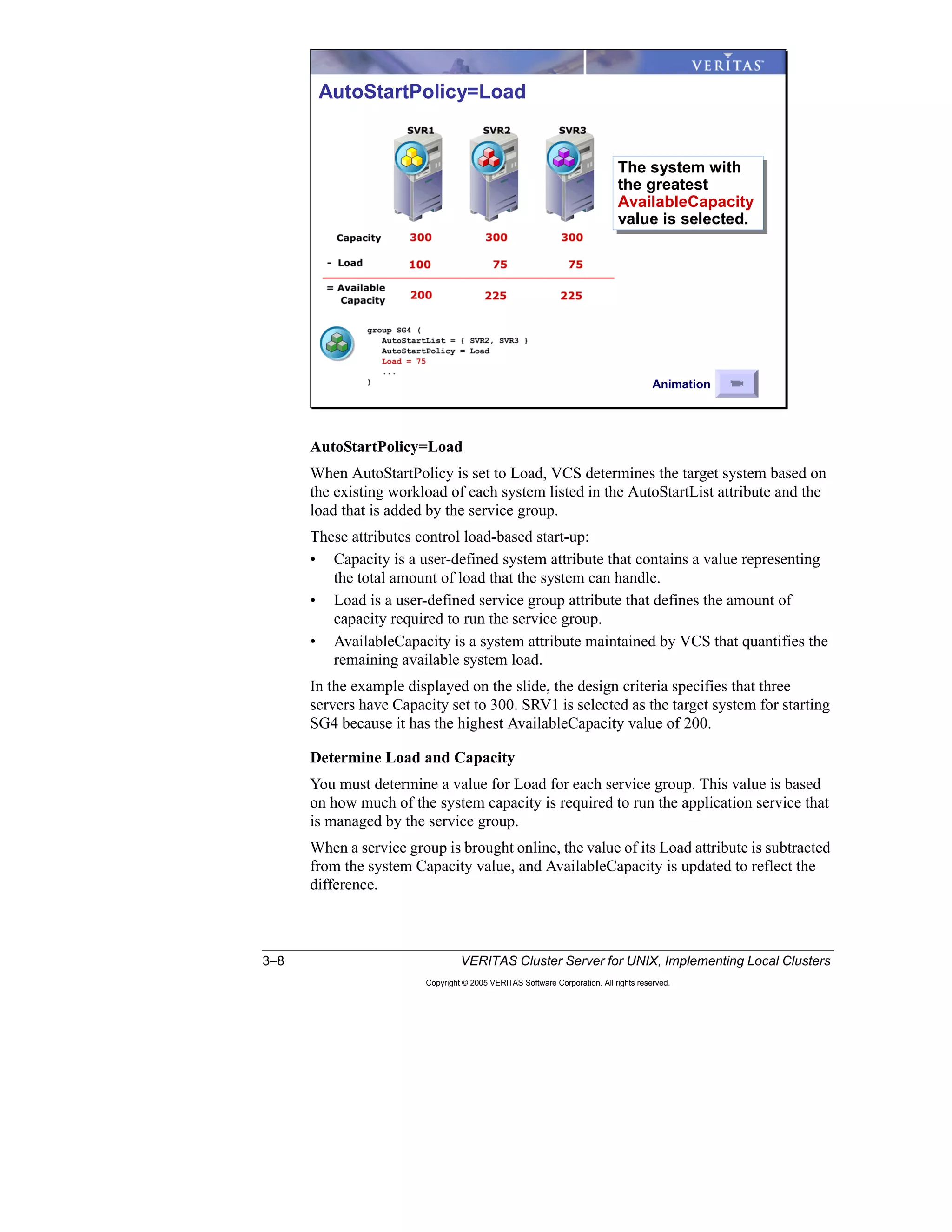 3–8 VERITAS Cluster Server for UNIX, Implementing Local Clusters
Copyright © 2005 VERITAS Software Corporation. All rights reserved.
AutoStartPolicy=Load
When AutoStartPolicy is set to Load, VCS determines the target system based on
the existing workload of each system listed in the AutoStartList attribute and the
load that is added by the service group.
These attributes control load-based start-up:
• Capacity is a user-defined system attribute that contains a value representing
the total amount of load that the system can handle.
• Load is a user-defined service group attribute that defines the amount of
capacity required to run the service group.
• AvailableCapacity is a system attribute maintained by VCS that quantifies the
remaining available system load.
In the example displayed on the slide, the design criteria specifies that three
servers have Capacity set to 300. SRV1 is selected as the target system for starting
SG4 because it has the highest AvailableCapacity value of 200.
Determine Load and Capacity
You must determine a value for Load for each service group. This value is based
on how much of the system capacity is required to run the application service that
is managed by the service group.
When a service group is brought online, the value of its Load attribute is subtracted
from the system Capacity value, and AvailableCapacity is updated to reflect the
difference.
AutoStartPolicy=Load
The system with
the greatest
AvailableCapacity
value is selected.
The system with
the greatest
AvailableCapacity
value is selected.
Animation
 
