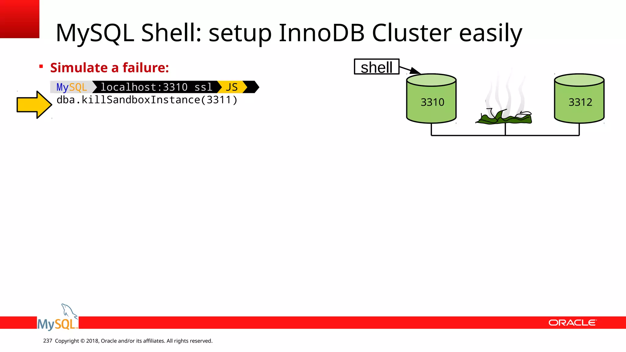Copyright © 2018, Oracle and/or its affiliates. All rights reserved.237 MySQL Shell: setup InnoDB Cluster easily  Simulate a failure: MySQL localhost:3310 ssl JS dba.killSandboxInstance(3311) 3310 3312 shell 