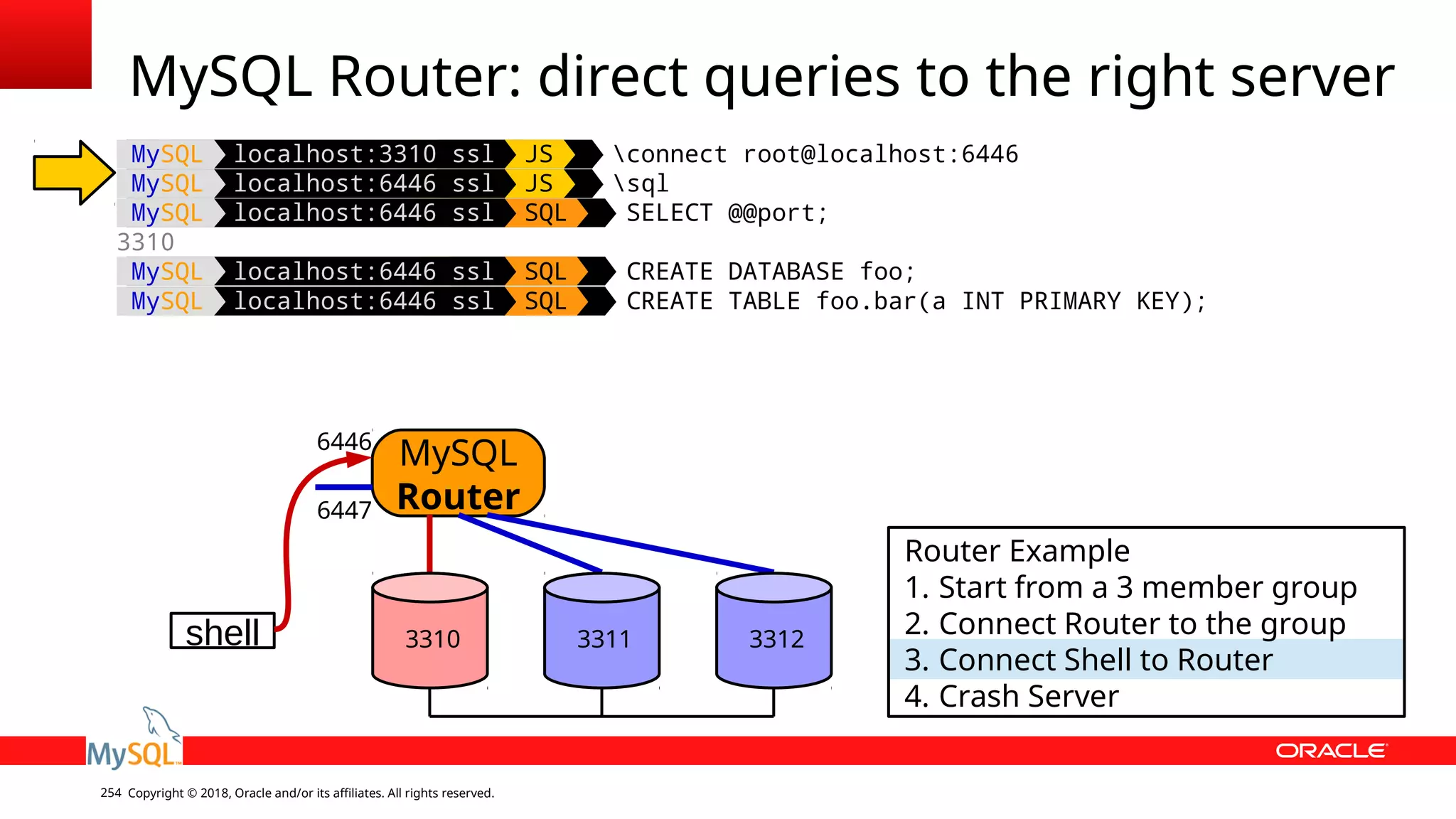 Copyright © 2018, Oracle and/or its affiliates. All rights reserved.254 MySQL localhost:3310 ssl JS connect root@localhost:6446 MySQL localhost:6446 ssl JS sql MySQL localhost:6446 ssl SQL SELECT @@port; 3310 MySQL localhost:6446 ssl SQL CREATE DATABASE foo; MySQL localhost:6446 ssl SQL CREATE TABLE foo.bar(a INT PRIMARY KEY); MySQL Router: direct queries to the right server shell MySQL Router 6446 6447 Router Example 1. Start from a 3 member group 2. Connect Router to the group 3. Connect Shell to Router 4. Crash Server 3310 3311 3312 