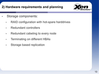 2) Hardware requirements and planning Storage components: RAID configuration with hot-spare harddrives Redundant controllers Redundant cabeling to every node Terminating on different HBAs Storage based replication 