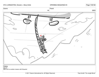 Scene
44
Panel
0003
Dialog
MILES
We’re off on another mission with Eduardo!
STU LIVINGSTON, Director + Story Artist Page 118/130
OPENING SEQUENCE B
"Hey Arnold!: The Jungle Movie"
© 2017 Viacom International Inc. All Rights Reserved.
 