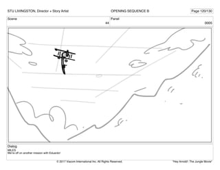 Scene
44
Panel
0005
Dialog
MILES
We’re off on another mission with Eduardo!
STU LIVINGSTON, Director + Story Artist Page 120/130
OPENING SEQUENCE B
"Hey Arnold!: The Jungle Movie"
© 2017 Viacom International Inc. All Rights Reserved.
 