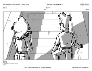 Scene
29
Panel
0001
Dialog
STELLA
I can’t believe how much you’ve
grown.
STU LIVINGSTON, Director + Story Artist Page 19/130
OPENING SEQUENCE B
"Hey Arnold!: The Jungle Movie"
© 2017 Viacom International Inc. All Rights Reserved.
 