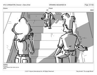 Scene
29
Panel
0003
Dialog
STELLA
I can’t believe how much you’ve
grown.
STU LIVINGSTON, Director + Story Artist Page 21/130
OPENING SEQUENCE B
"Hey Arnold!: The Jungle Movie"
© 2017 Viacom International Inc. All Rights Reserved.
 
