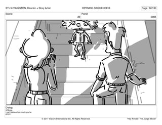 Scene
29
Panel
0004
Dialog
STELLA
I can’t believe how much you’ve
grown.
STU LIVINGSTON, Director + Story Artist Page 22/130
OPENING SEQUENCE B
"Hey Arnold!: The Jungle Movie"
© 2017 Viacom International Inc. All Rights Reserved.
 