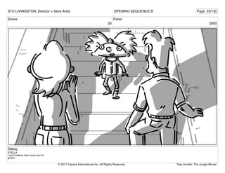 Scene
29
Panel
0005
Dialog
STELLA
I can’t believe how much you’ve
grown.
STU LIVINGSTON, Director + Story Artist Page 23/130
OPENING SEQUENCE B
"Hey Arnold!: The Jungle Movie"
© 2017 Viacom International Inc. All Rights Reserved.
 