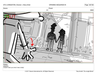 Scene
31
Panel
0003
Dialog
ARNOLD
I haven't seen you since I was a baby!
STU LIVINGSTON, Director + Story Artist Page 42/130
OPENING SEQUENCE B
"Hey Arnold!: The Jungle Movie"
© 2017 Viacom International Inc. All Rights Reserved.
 