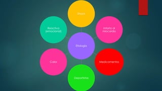 Shock

Reactiva
(emocional)

Infarto al
miocardio

Etiología

Calor

Medicamentos

Deportistas

 