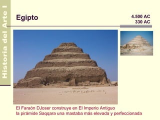 Egipto                                                4.500 AC
                                                        330 AC




El Faraón DJoser construye en El Imperio Antiguo
la pirámide Saqqara una mastaba más elevada y perfeccionada
 