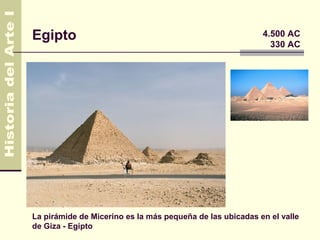Egipto                                                     4.500 AC
                                                             330 AC




La pirámide de Micerino es la más pequeña de las ubicadas en el valle
de Giza - Egipto
 