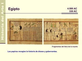 Egipto                                                               4.500 AC
                                                                       330 AC




                                                  Fragmentos del libro de la muerte


Los papiros recogían la historia de dioses y gobernantes.
 