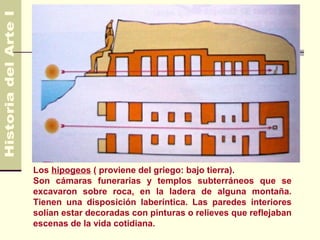 Los hipogeos ( proviene del griego: bajo tierra).
Son cámaras funerarias y templos subterráneos que se
excavaron sobre roca, en la ladera de alguna montaña.
Tienen una disposición laberíntica. Las paredes interiores
solían estar decoradas con pinturas o relieves que reflejaban
escenas de la vida cotidiana.
 