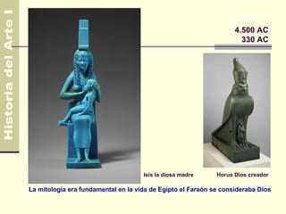 4.500 AC
                                                                     330 AC




                                     Isis la diosa madre     Horus Dios creador

La mitología era fundamental en la vida de Egipto el Faraón se consideraba Dios
 