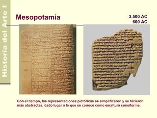 Mesopotamia                                                         3.500 AC
                                                                      600 AC




Con el tiempo, las representaciones pictóricas se simplificaron y se hicieron
más abstractas, dado lugar a lo que se conoce como escritura cuneiforme.
 