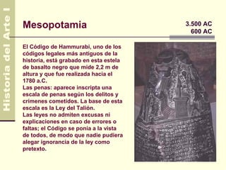 Mesopotamia                             3.500 AC
                                          600 AC

El Código de Hammurabi, uno de los
códigos legales más antiguos de la
historia, está grabado en esta estela
de basalto negro que mide 2,2 m de
altura y que fue realizada hacia el
1780 a.C.
Las penas: aparece inscripta una
escala de penas según los delitos y
crímenes cometidos. La base de esta
escala es la Ley del Talión.
Las leyes no admiten excusas ni
explicaciones en caso de errores o
faltas; el Código se ponía a la vista
de todos, de modo que nadie pudiera
alegar ignorancia de la ley como
pretexto.
 