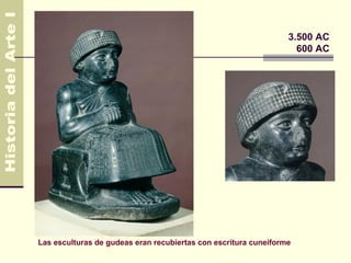 Mesopotamia                                                      3.500 AC
                                                                   600 AC




Las esculturas de gudeas eran recubiertas con escritura cuneiforme
 