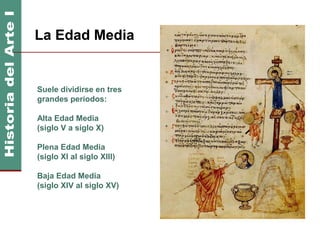 La Edad Media                400 DC
                           1.400 DC




Suele dividirse en tres
grandes períodos:

Alta Edad Media
(siglo V a siglo X)

Plena Edad Media
(siglo XI al siglo XIII)

Baja Edad Media
(siglo XIV al siglo XV)
 