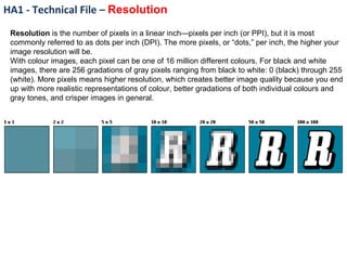 HA1 - Technical File –  Resolution Resolution  is the number of pixels in a linear inch—pixels per inch (or PPI), but it is most commonly referred to as dots per inch (DPI). The more pixels, or “dots,” per inch, the higher your image resolution will be.  With colour images, each pixel can be one of 16 million different colours. For black and white images, there are 256 gradations of gray pixels ranging from black to white: 0 (black) through 255 (white). More pixels means higher resolution, which creates better image quality because you end up with more realistic representations of colour, better gradations of both individual colours and gray tones, and crisper images in general.  