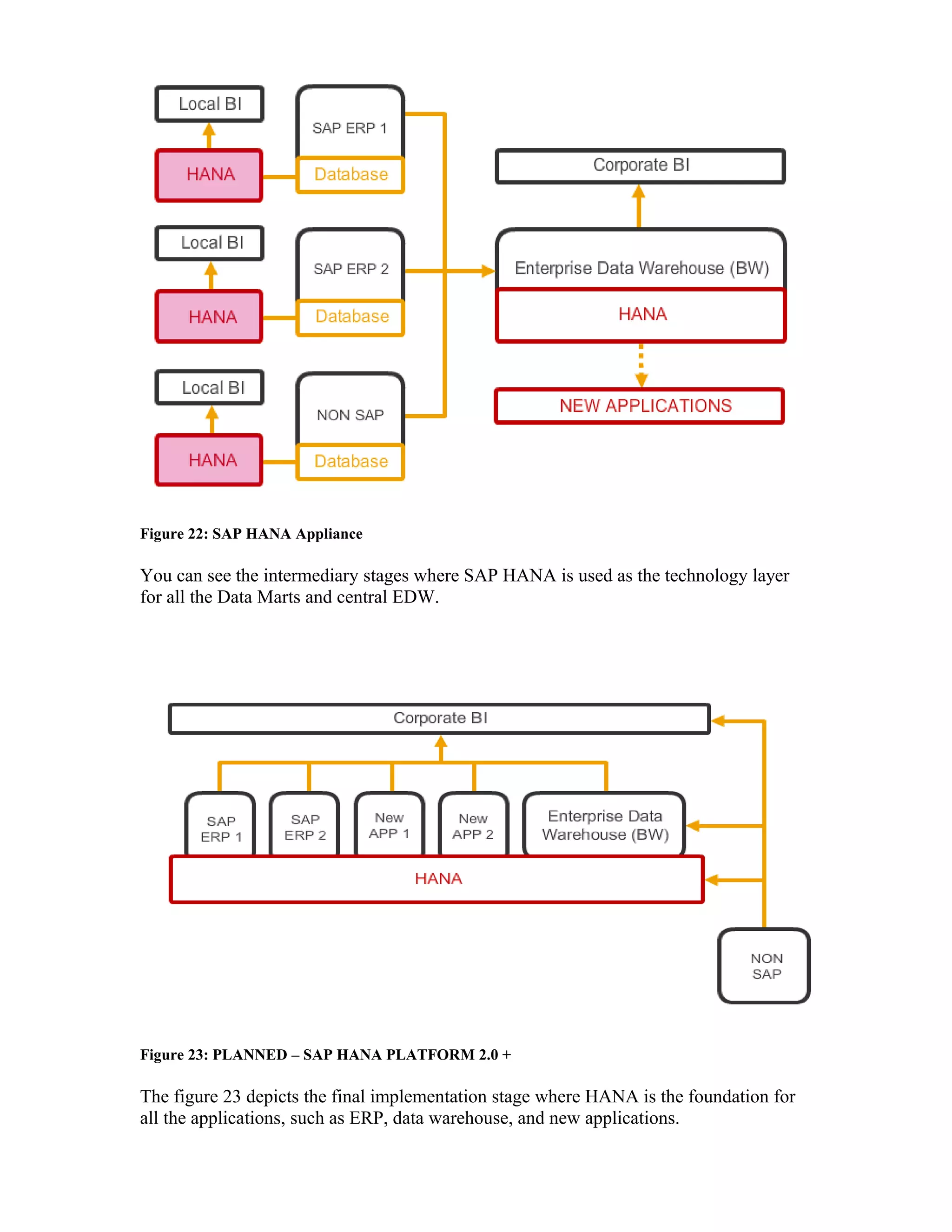 Figure 22: SAP HANA Appliance
You can see the intermediary stages where SAP HANA is used as the technology layer
for all the Data Marts and central EDW.
Figure 23: PLANNED – SAP HANA PLATFORM 2.0 +
The figure 23 depicts the final implementation stage where HANA is the foundation for
all the applications, such as ERP, data warehouse, and new applications.
 