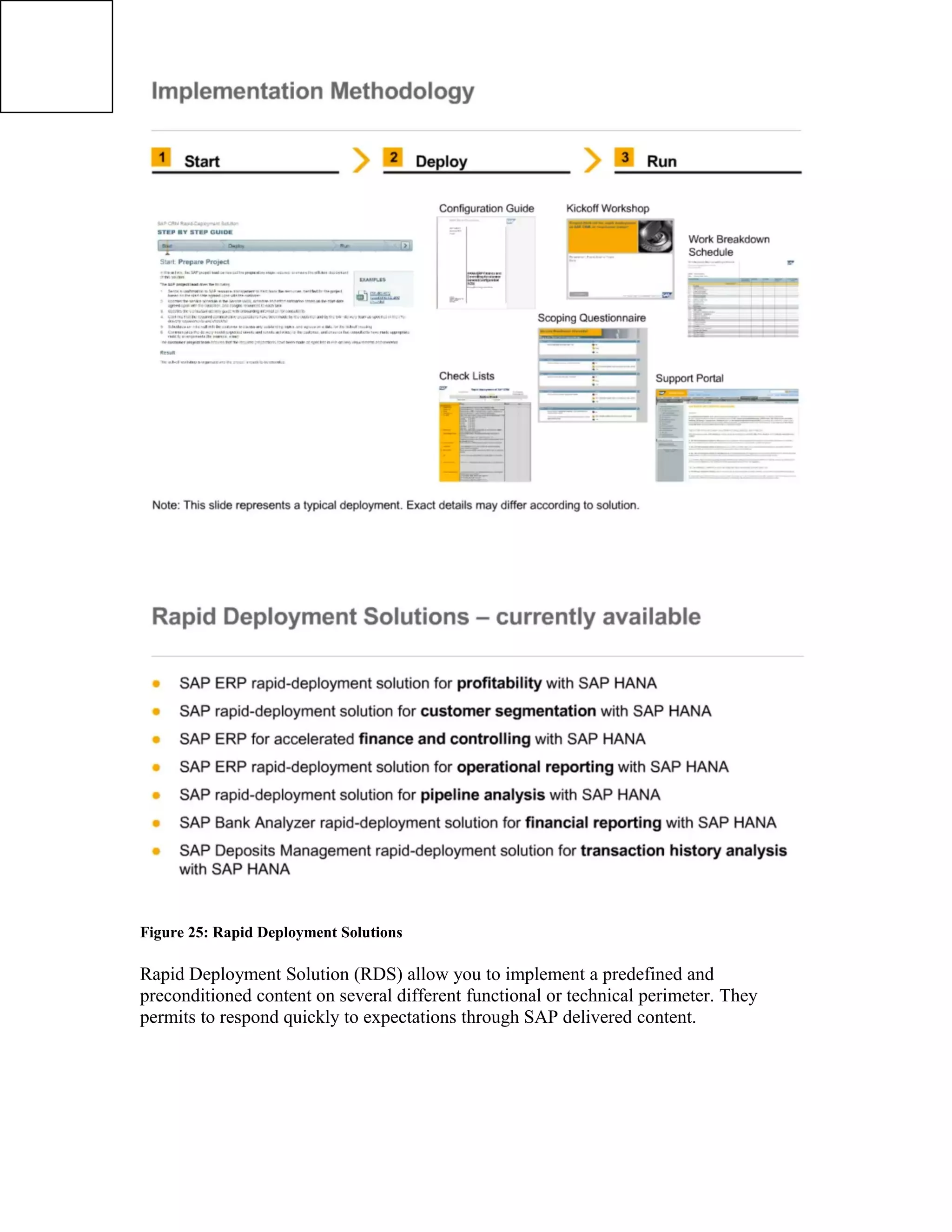 Figure 25: Rapid Deployment Solutions
Rapid Deployment Solution (RDS) allow you to implement a predefined and
preconditioned content on several different functional or technical perimeter. They
permits to respond quickly to expectations through SAP delivered content.
 