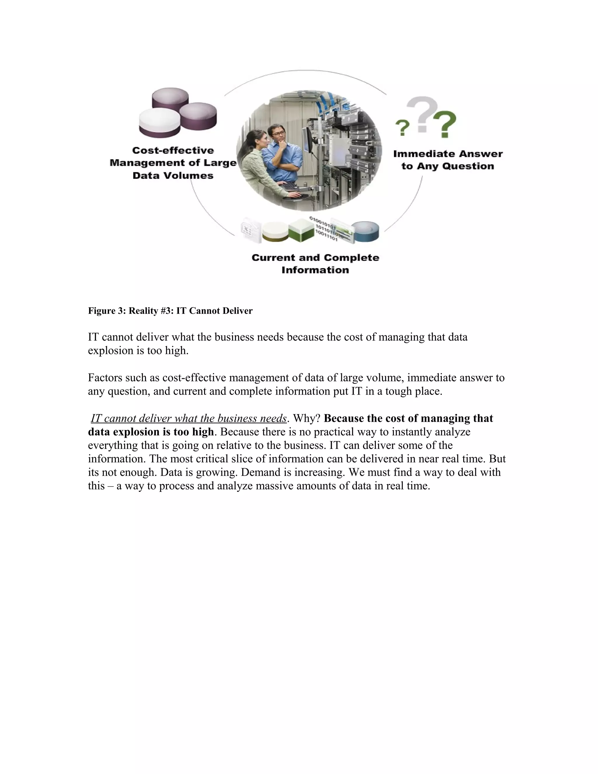 Figure 3: Reality #3: IT Cannot Deliver
IT cannot deliver what the business needs because the cost of managing that data
explosion is too high.
Factors such as cost-effective management of data of large volume, immediate answer to
any question, and current and complete information put IT in a tough place.
IT cannot deliver what the business needs. Why? Because the cost of managing that
data explosion is too high. Because there is no practical way to instantly analyze
everything that is going on relative to the business. IT can deliver some of the
information. The most critical slice of information can be delivered in near real time. But
its not enough. Data is growing. Demand is increasing. We must find a way to deal with
this – a way to process and analyze massive amounts of data in real time.
 