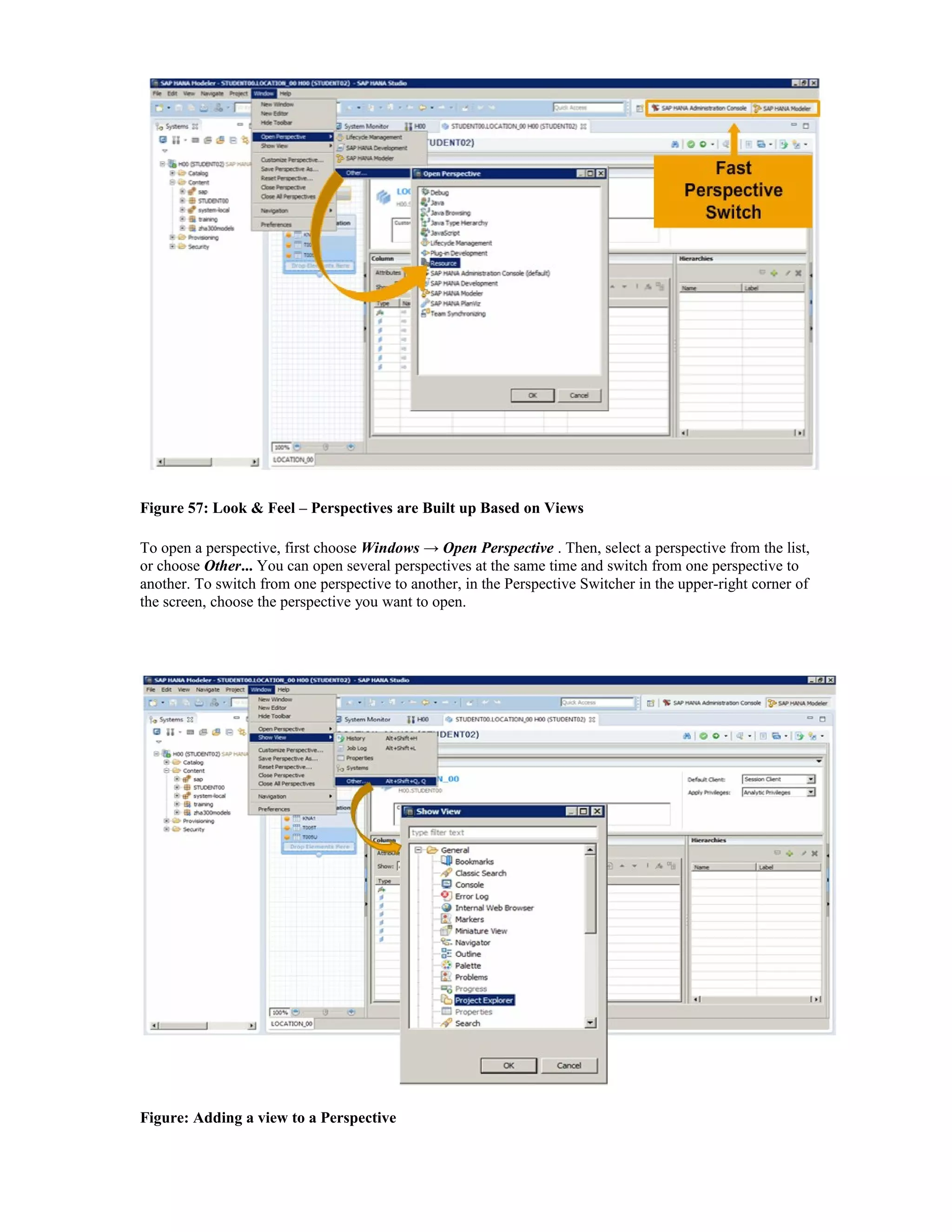 Figure 57: Look & Feel – Perspectives are Built up Based on Views
To open a perspective, first choose Windows → Open Perspective . Then, select a perspective from the list,
or choose Other... You can open several perspectives at the same time and switch from one perspective to
another. To switch from one perspective to another, in the Perspective Switcher in the upper-right corner of
the screen, choose the perspective you want to open.
Figure: Adding a view to a Perspective
 