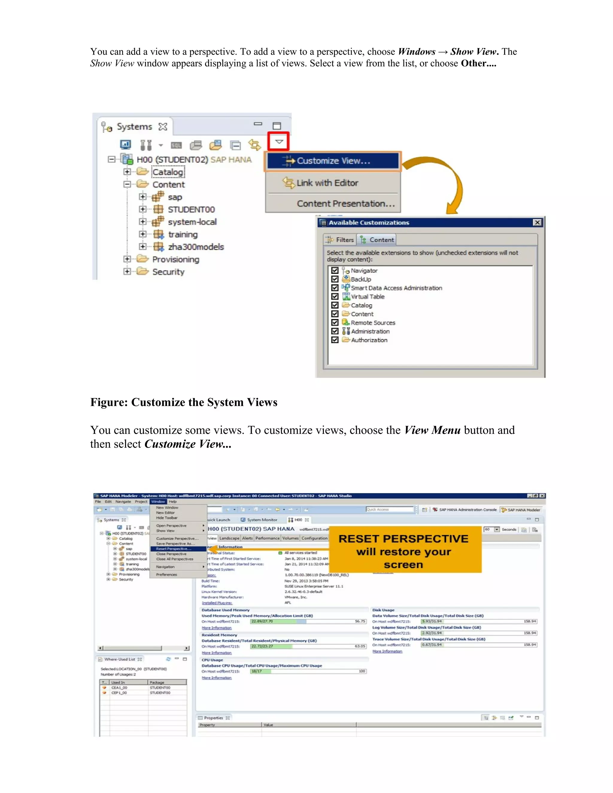 You can add a view to a perspective. To add a view to a perspective, choose Windows → Show View. The
Show View window appears displaying a list of views. Select a view from the list, or choose Other....
Figure: Customize the System Views
You can customize some views. To customize views, choose the View Menu button and
then select Customize View...
 