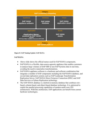 Figure 8: SAP Naming Update: SAP HANA
SAP HANA
• Above slide shows the official names used for SAP HANA components.
• SAP HANA is a flexible, data-source-agnostic appliance that enables customers
to analyze large volumes of SAP ERP at non SAP Systems data in real-time,
avoiding the need to materialize transformations.
• SAP HANA appliance software is a hardware and software combination that
integrates a number of SAP components including the SAP HANA database, and
several data replication systems such as SAP Landscape Transformation
Replication Server, SAP HANA Direct Extractor Connection (DXC) and SAP
Data Services or Sybase Replication technology.
• The SAP HANA database is a hybrid in-memory database that combines row-
based, column-based, and object-based database technology. It is optimized to
exploit the parallel processing capabilities of modern multi-core CPU
architectures. With this architecture, SAP applications can benefit from current
hardware technologies.
 